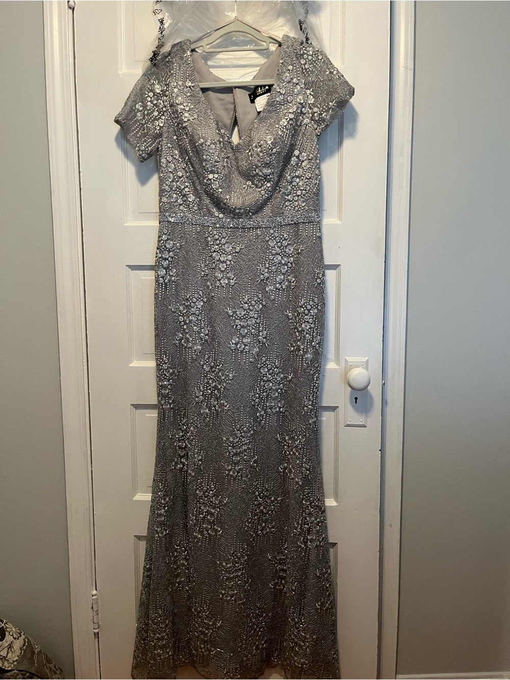 Beaded Silver Evening Maxi Dress with Short Sleeves